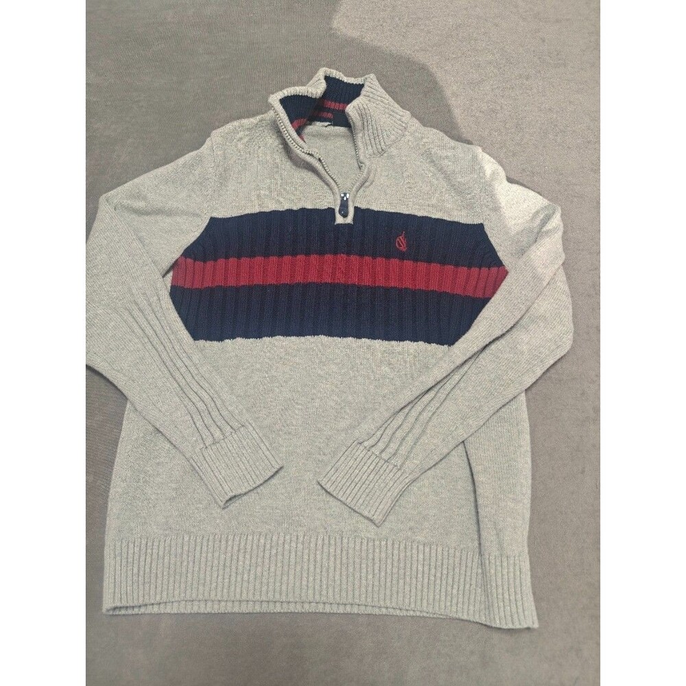 Nautica Men’s Medium Gray Quarter Zip Sweater Navy Red Stripe 100% Cotton
